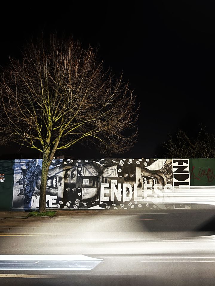 Endless artwork on wall beneath tree, featuring cut up images of human face parts