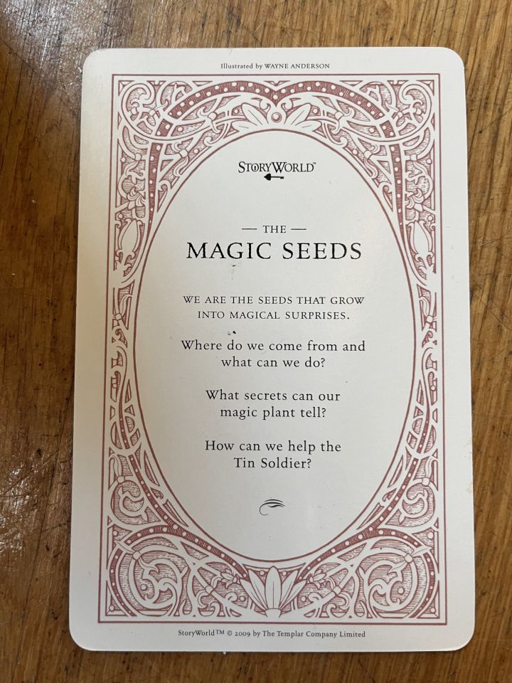 Decorative card titled "The Magic Seeds" with ornate border, posing questions about the origins and secrets of magical seeds.