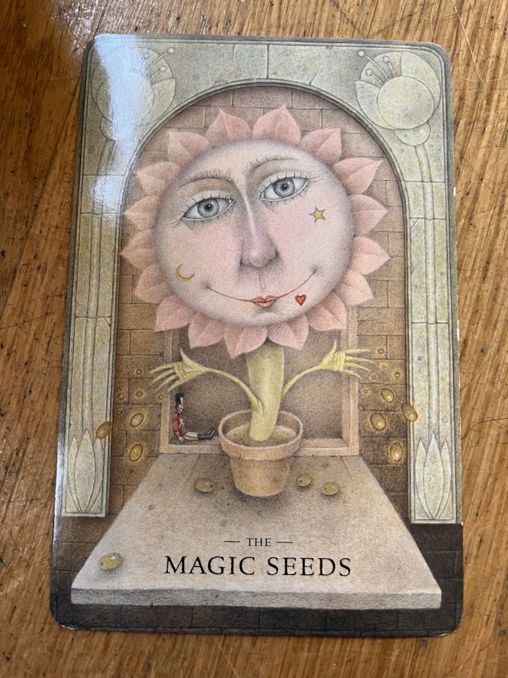 Whimsical illustration of a smiling flower with a human face in a pot labeled "The Magic Seeds," set in a room with arches and coins.
