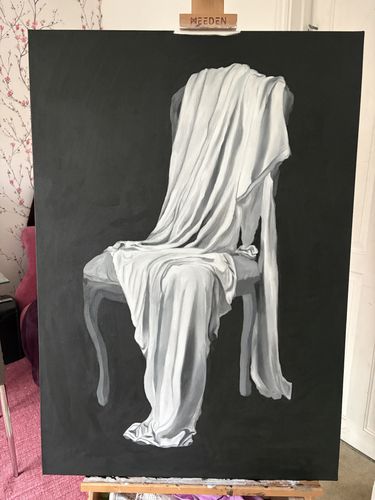 Black and white painting of a white sheet draped over a chair