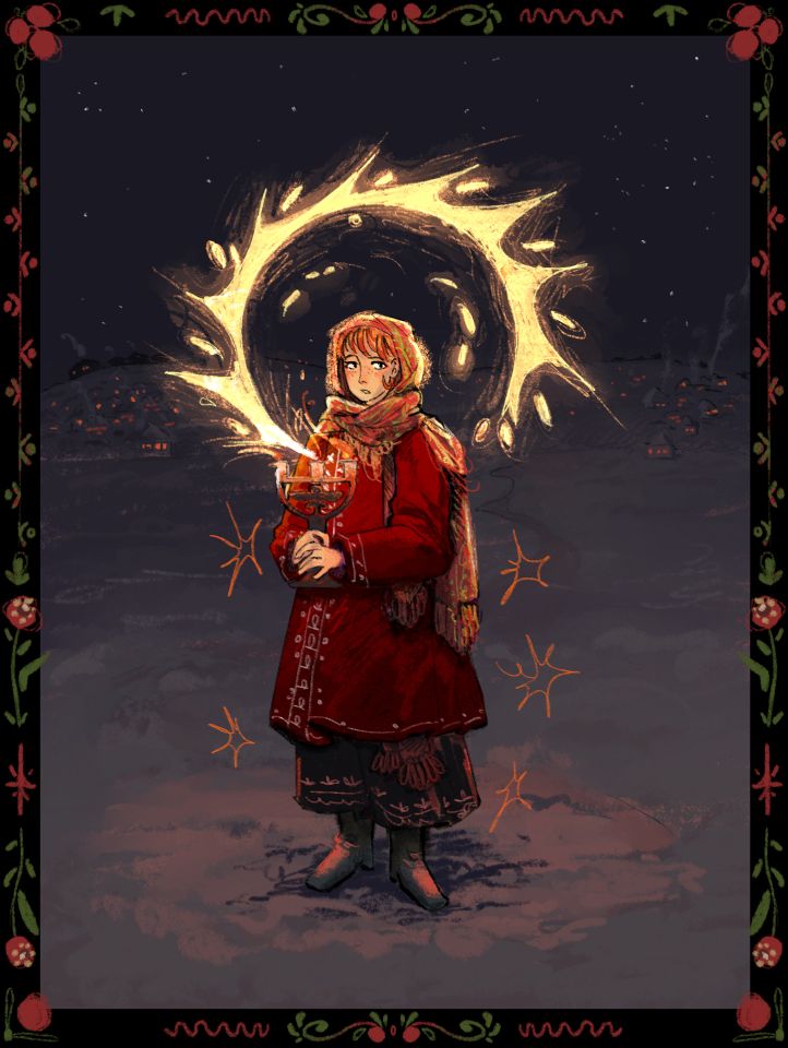 Illustration of woman wearing red clothes and holding candlestick with three candles and large flame coming from central one, arcing over her head