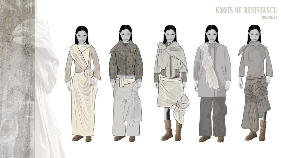 Illustration of five outfits in grey, brown and beige