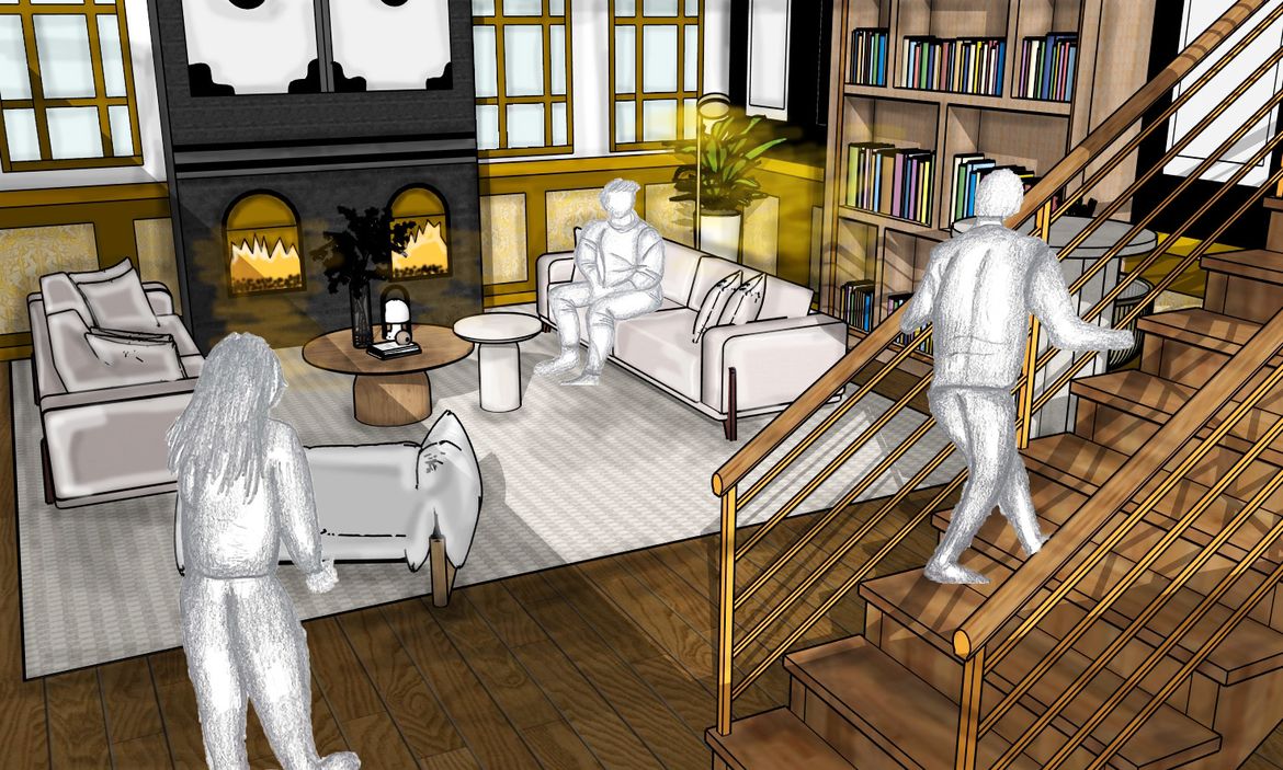 Illustration of hotel lounge with three people in various poses