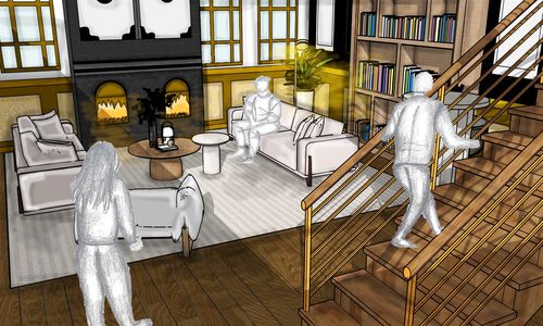 Illustration of hotel lounge with three people in various poses