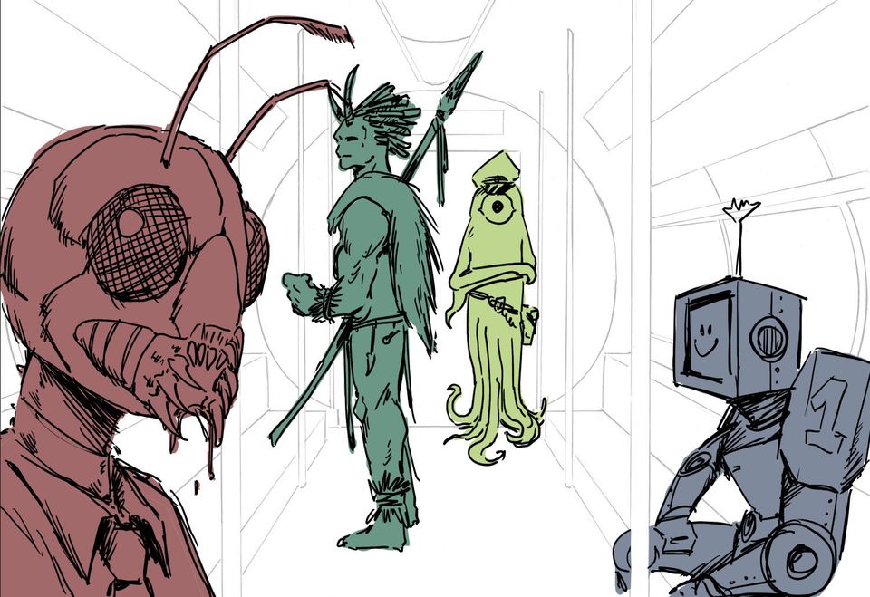 Sketch of four different alien creatures in corridor