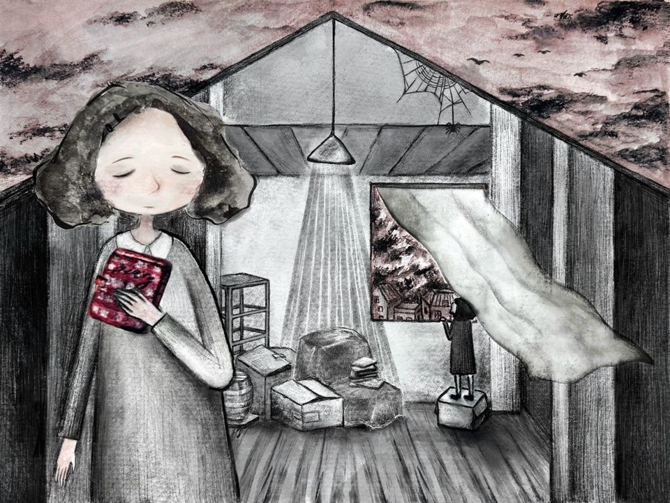 Illustration of a girl in an attic holding a red book, with a window view of houses, a spider web, and a pink-hued sky.