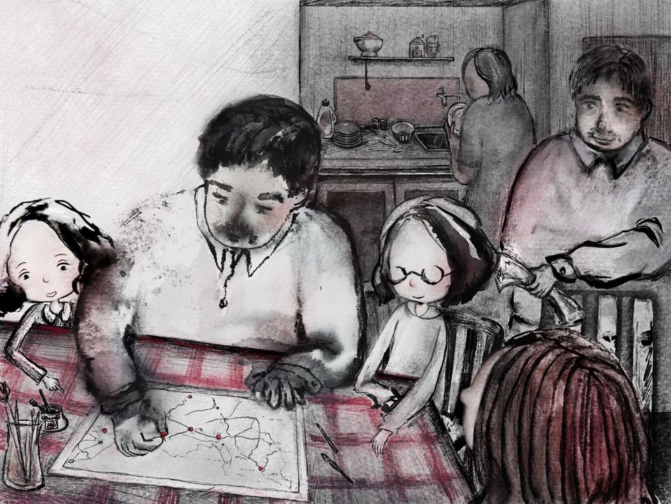 Illustration of a family at a table, with one member drawing on a map. In the background, a woman washes dishes. The scene is in a sketch-like style.