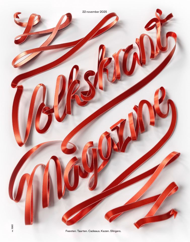 Cover of Volkskrant Magazine with title created from single red ribbon