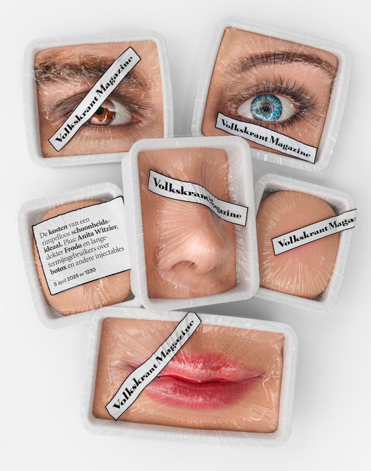 Cover of Volkskrant magazine showing part of face separated into shrink-wrapped containers