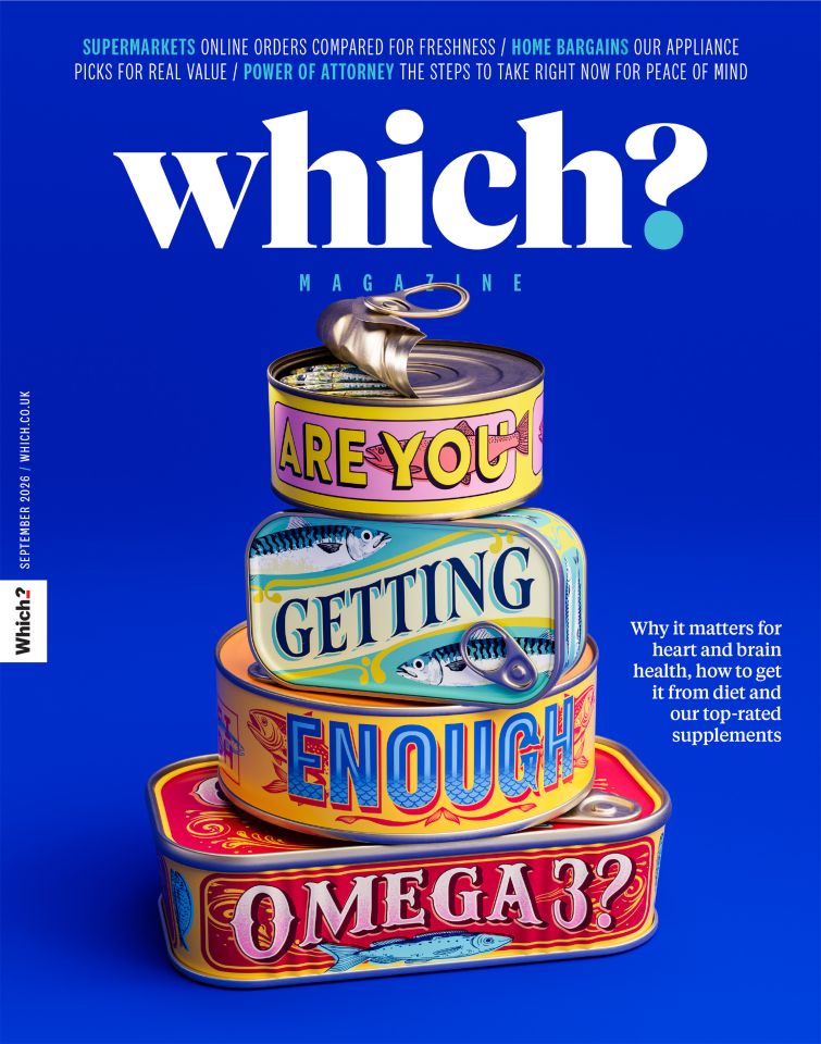 Cover for Which? magazine featuring stack of four different tins of fish, each displaying part of the legend "Are you getting enough omega 3?"