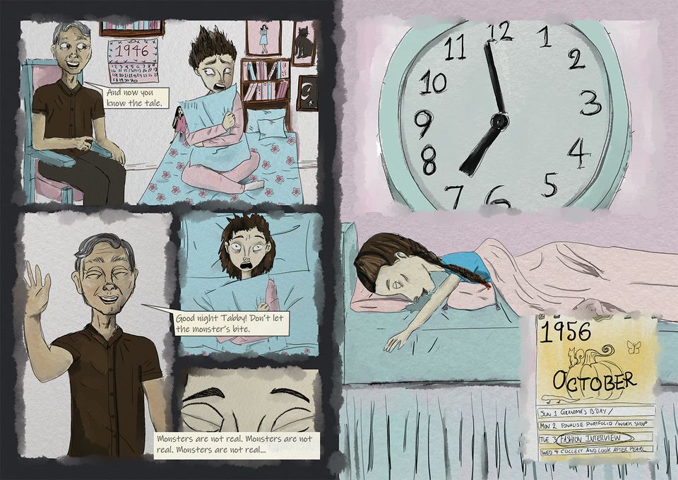 Graphic Novel spread showing girl in bed being told scary story, then trying to get to sleep