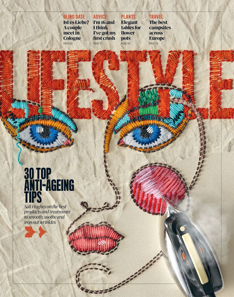 Cover of Lifestyle magazine showing face created from stitchwork with an iron below it, for anti-ageing article