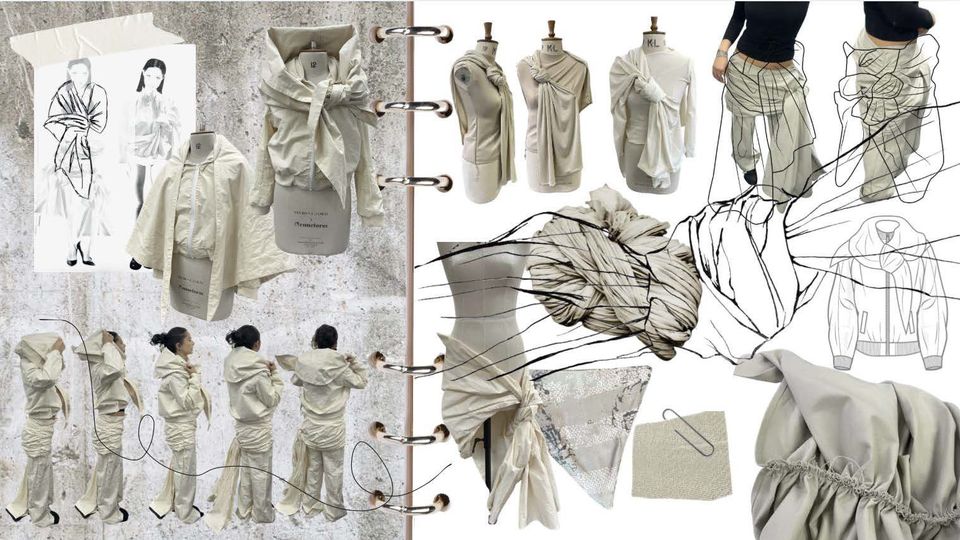 Various photos of beige trousers and top in different contexts
