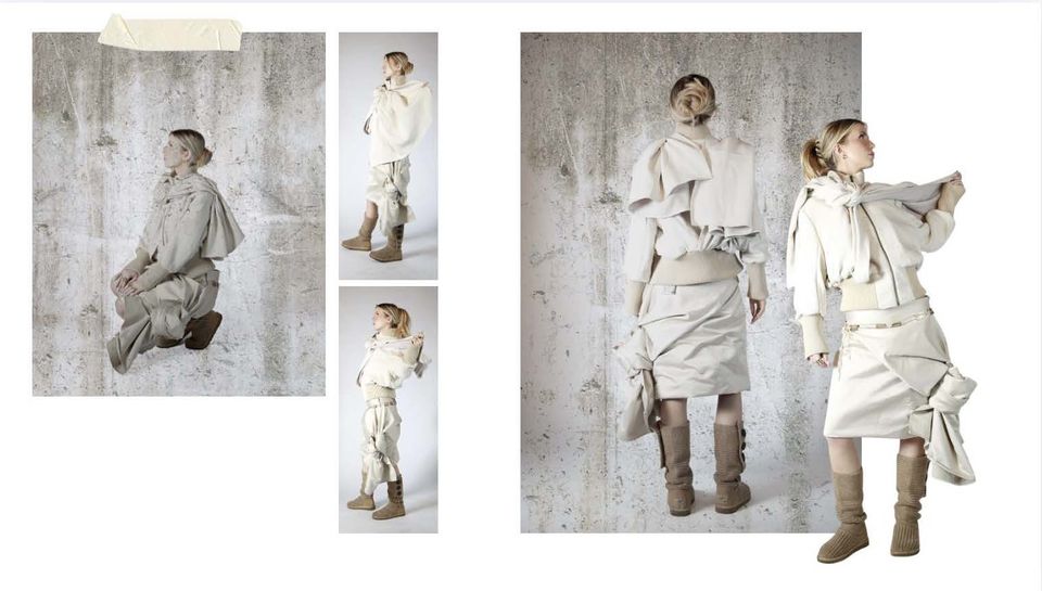 Five photos of female model wearing beige skirt and top with brown boots