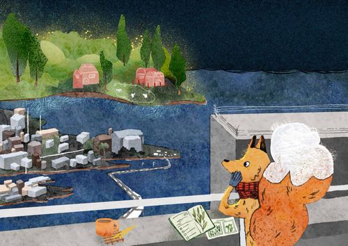 Illustration of a fox on a balcony overlooking a lake with an industrial zone on an island