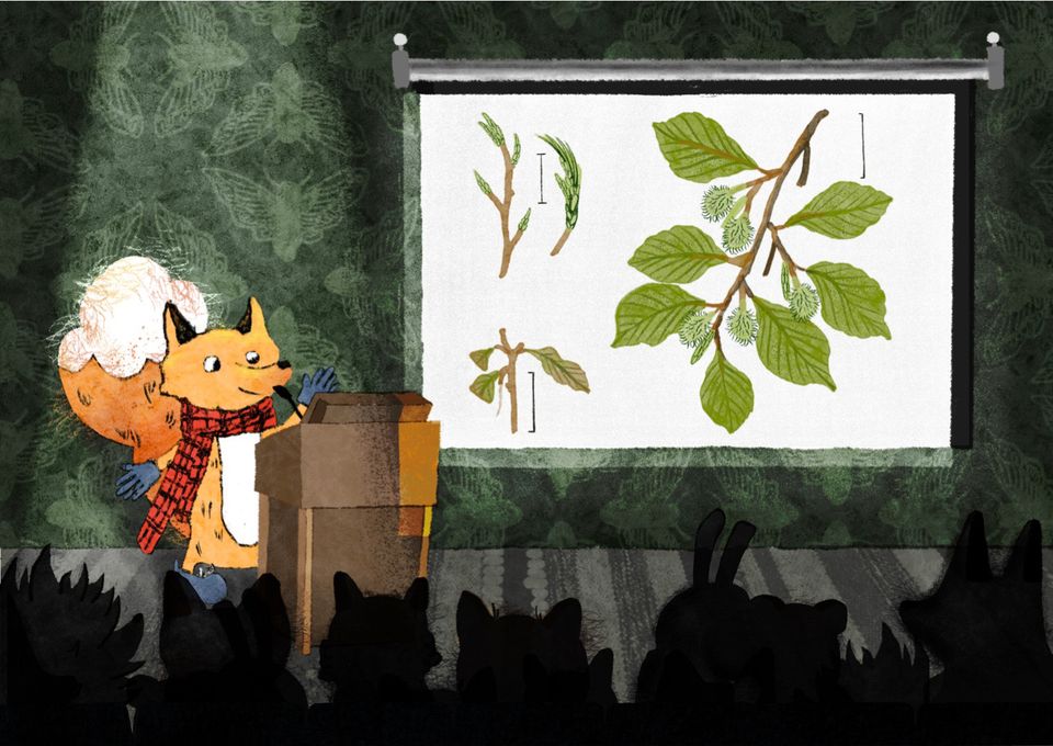 Illustration of a fox at a lectern giving talk next to a project screen with images of leaves and twigs on it