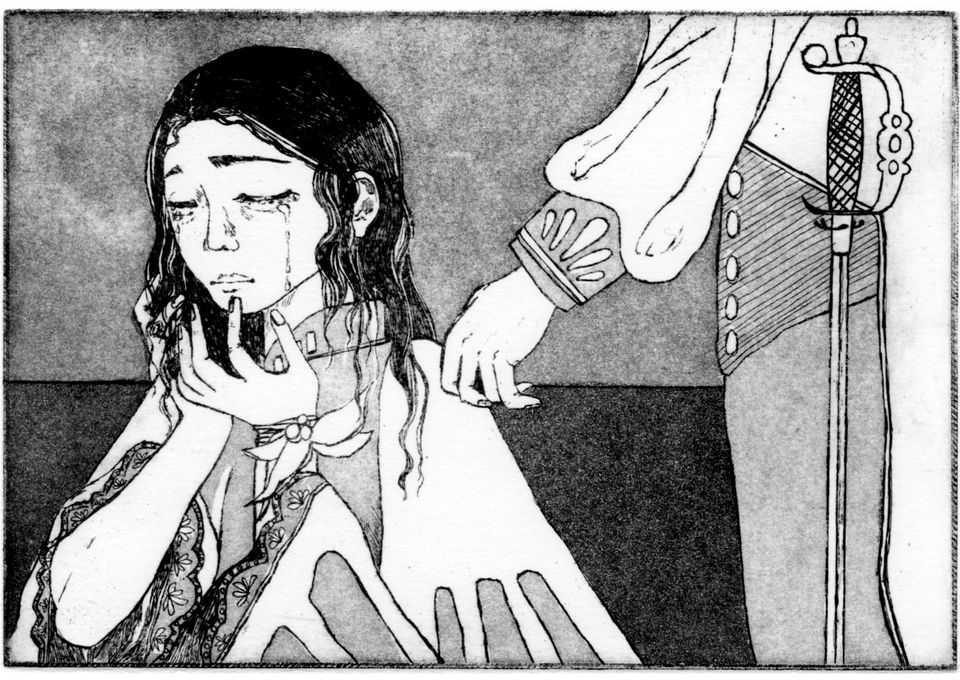 Illustration of a woman crying and a man's hand reaching for her shoulder
