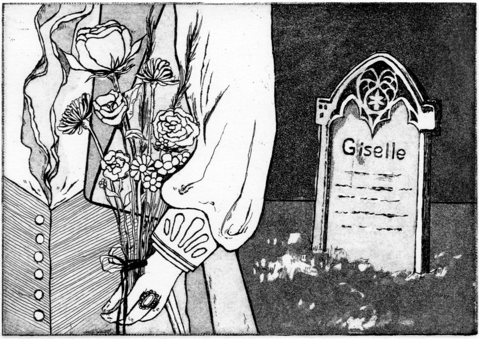 Illustration of a gravestone with the name "Giselle", and a ringed hand holding flowers
