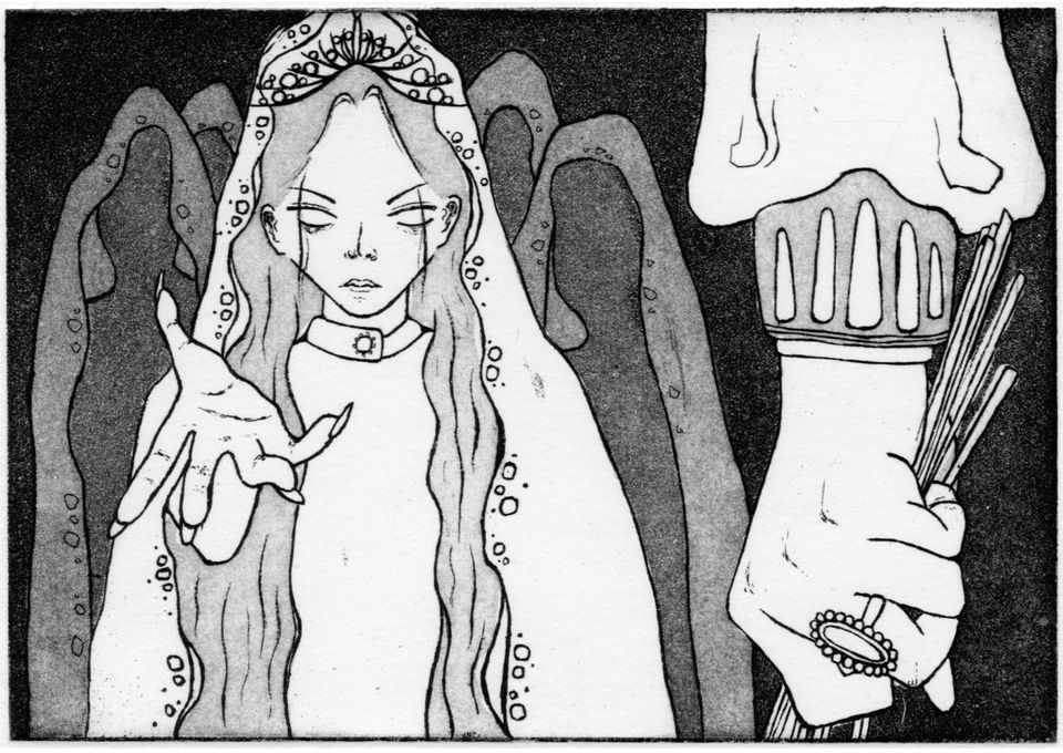 Illustration of a woman wearing a bridal gown reaching out a hand with long fingernails, and a ringed hand holding flower stems