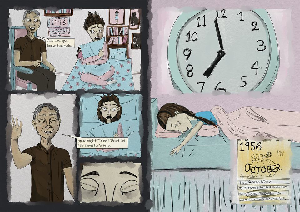 Graphic Novel spread showing girl in bed being told scary story, then trying to get to sleep