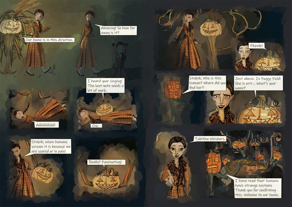 Graphic novel spread showing pumpkin head taking young woman underground to meet others of its kind