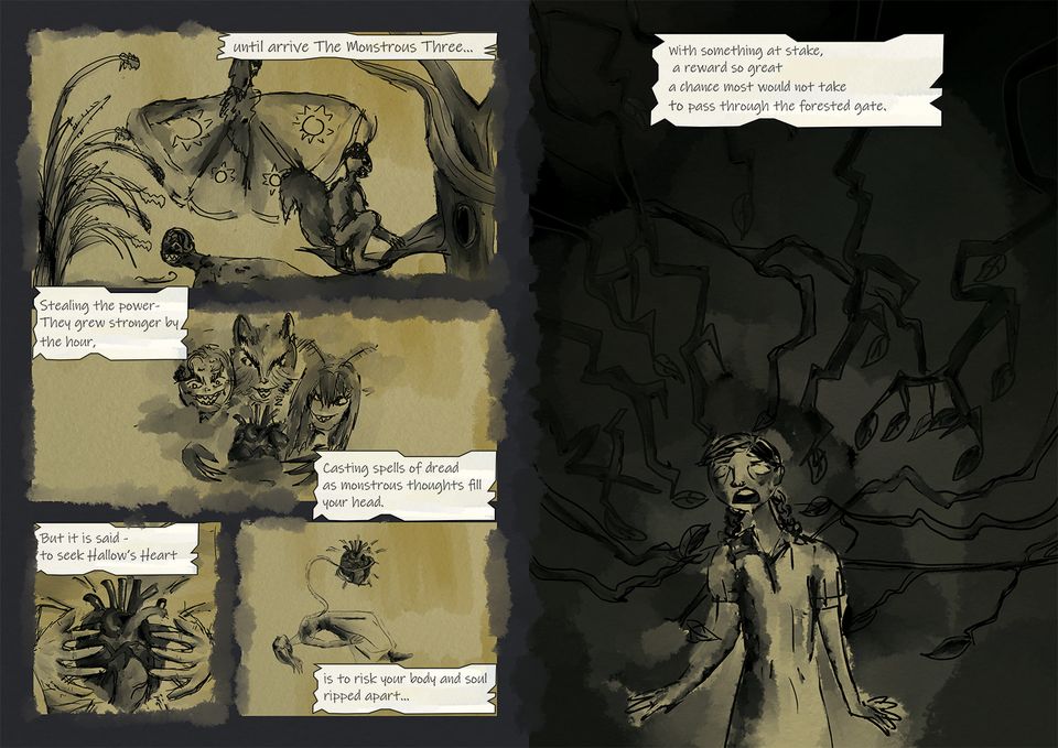 Graphic Novel spread showing three monsters gaining power and someone setting out to seek the Hallow's Heart to stop them