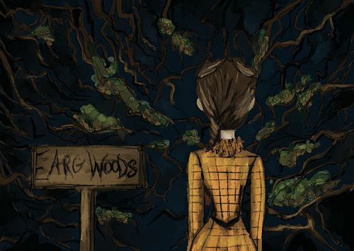 Animation still showing young woman with back to camera next to sign "Earg Woods"