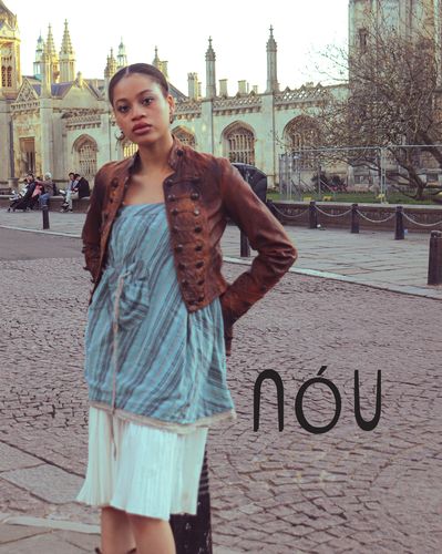Photo of young woman standing on King's Parade, Cambridge, with title "Nou"