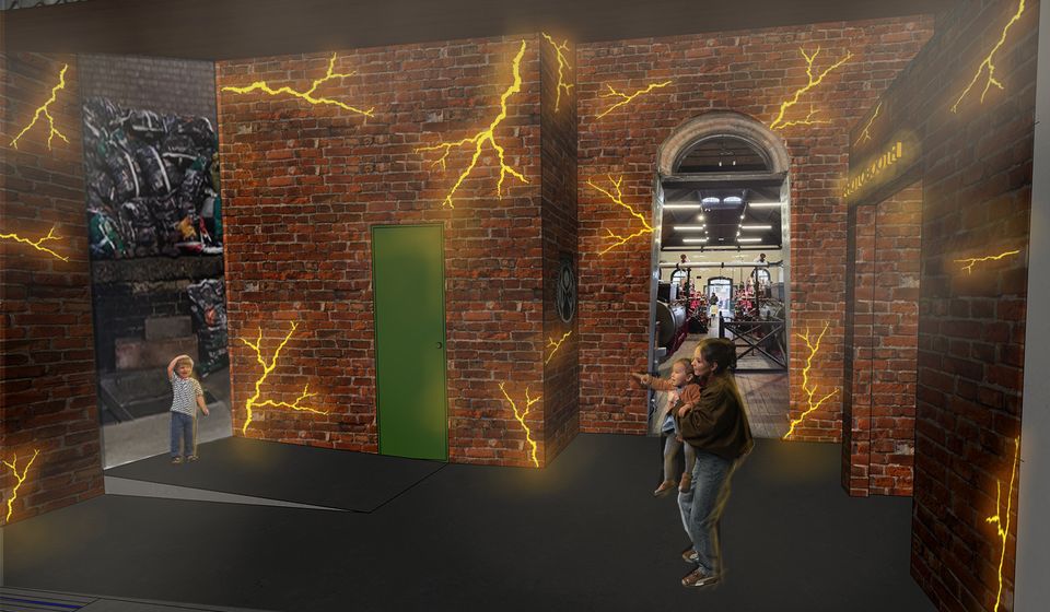 CGI mockup of red-brick room with electricity flashes and woman with baby waving at child on the other side