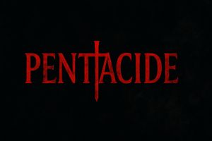 The word "PENTACIDE" in bold red letters with a stylized cross forming the letter "T" on a black background.