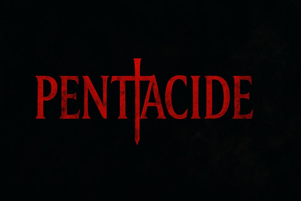 The word "PENTACIDE" in bold red letters with a stylized cross forming the letter "T" on a black background.