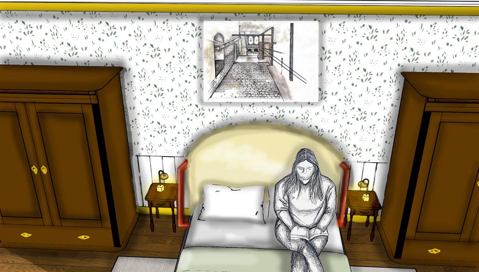 lllustration of woman sitting on double bed in hotel room