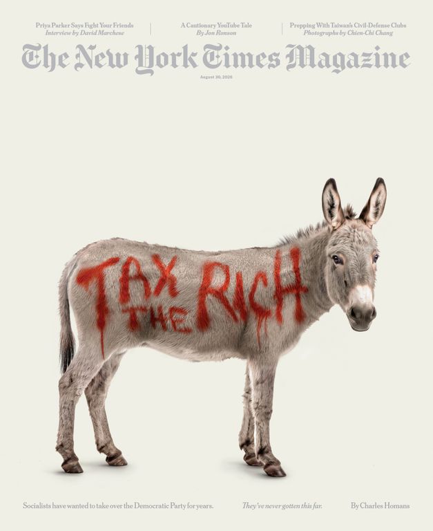 Cover of New York Times Magazine showing donkey with "Tax the Rich" painted on its side