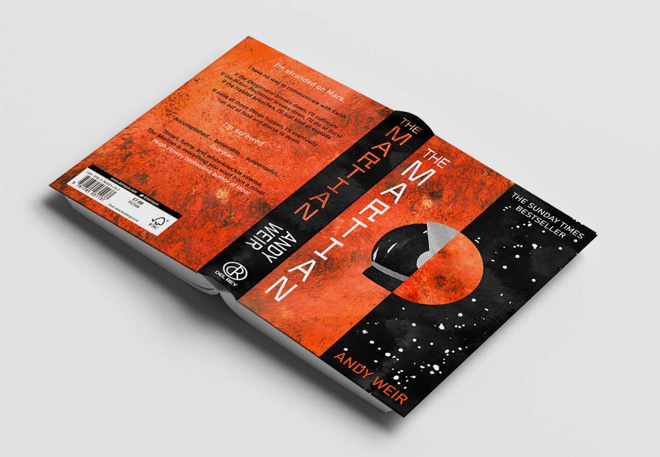Cover of "The Martian" by Andy Weir, featuring a red Mars surface and helmet design. The book is labeled a Sunday Times bestseller.