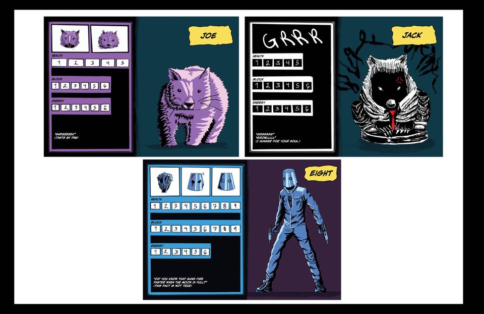 Three images of hero boards from the game Nightwatch, showing stats