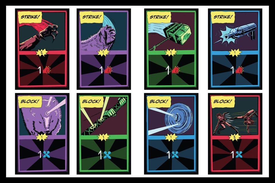 Eight player cards from the game Nightwatch, with images of weapons and shields