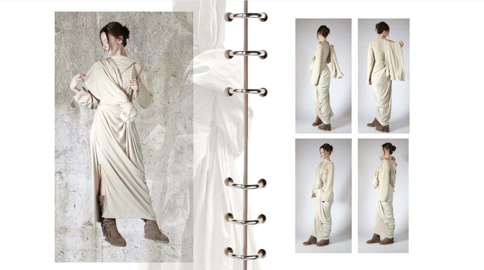 Five photos female model wearing beige pleated dress and brown boots