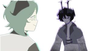 Illustration of purple man with horns facing  green girl with horns