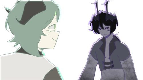 Illustration of purple man with horns facing  green girl with horns