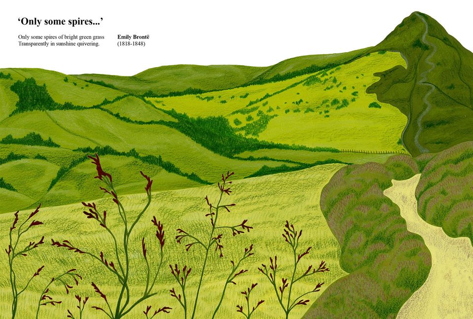 Illustration of rolling hills and hedgerows