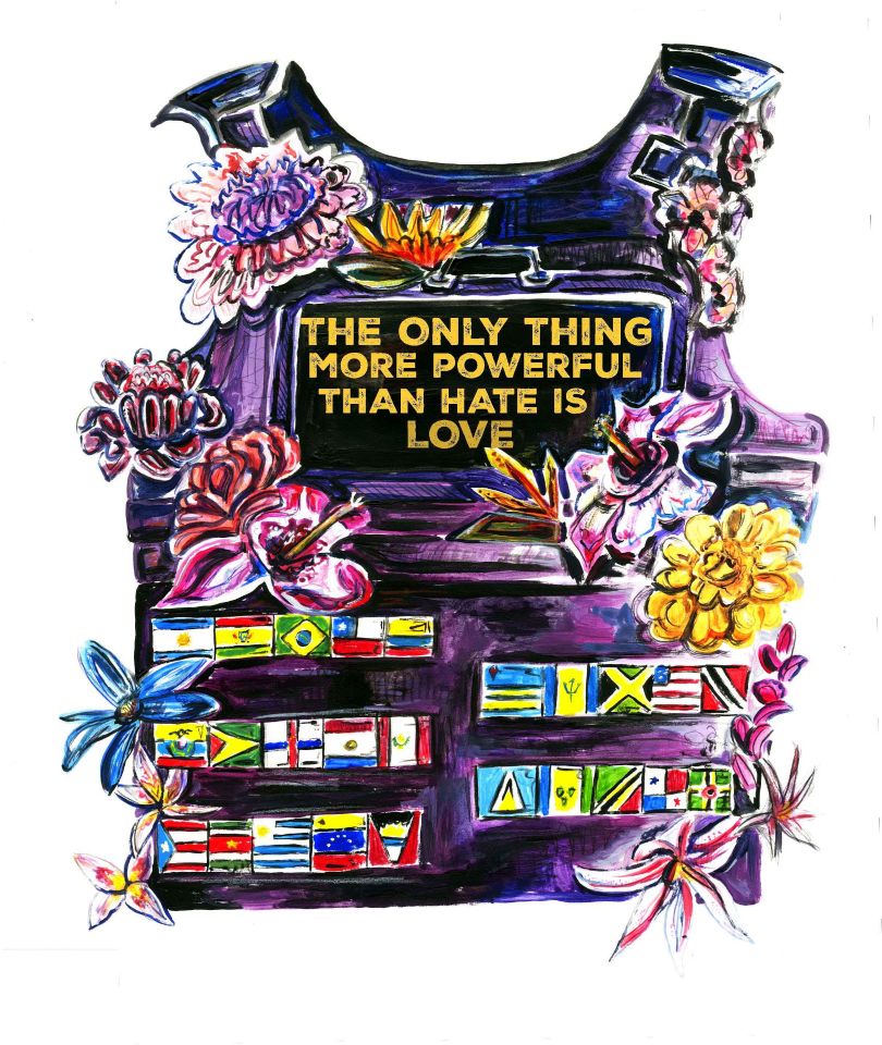 Illustration of a kevlar vest covered in flowers and flags with the message "The only thing more powerful than hate is love"