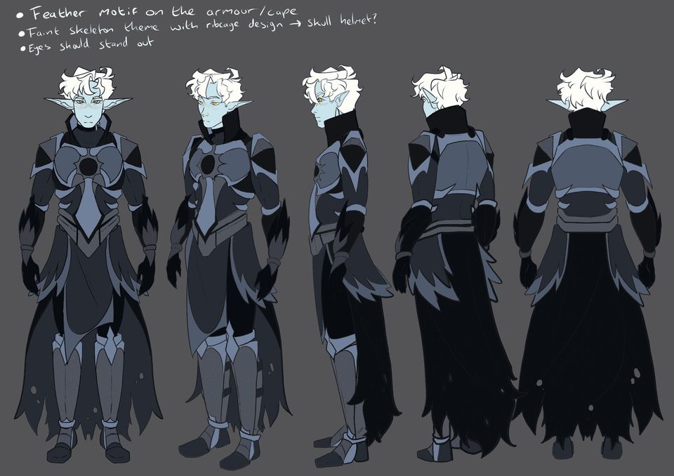Five illustrations of white-haired elf in different positions