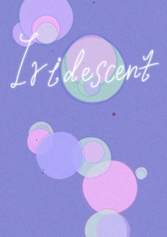 Purple poster showing purple, pink and green bubbles with title Iridescent in handwriting font