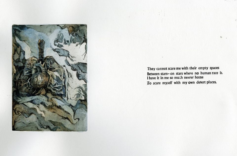 A surreal painting of a tree and lungs beside a poem about isolation and inner fears with sparse text on a white background.