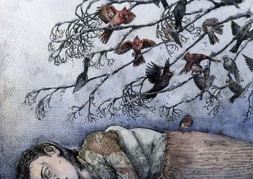 A person sleeps under a tree, surrounded by birds perched on branches against a dotted, snowy background.