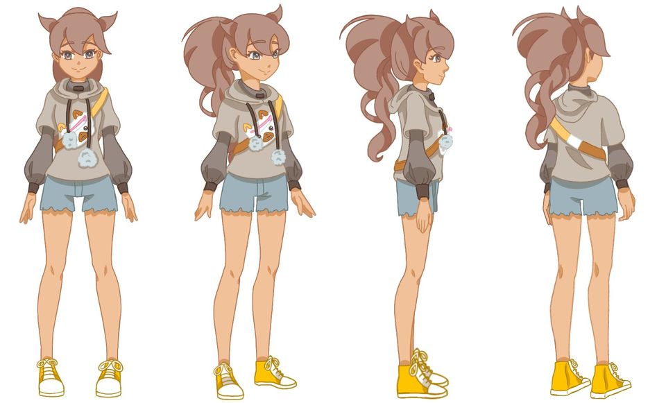 Four illustrations of girl with long hair shaped into small horns wearing grey hoodie, blue shorts and yellow sneakers from different angles