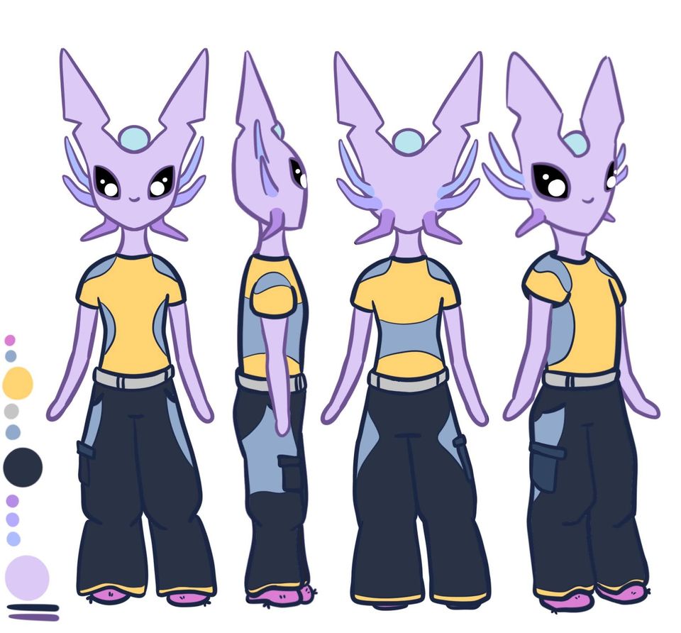 Four drawings of purple alien creature from different angles