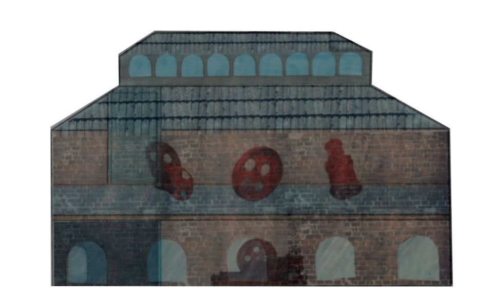 Paper-cut drawing of steam room exterior with silhouettes of displays inside