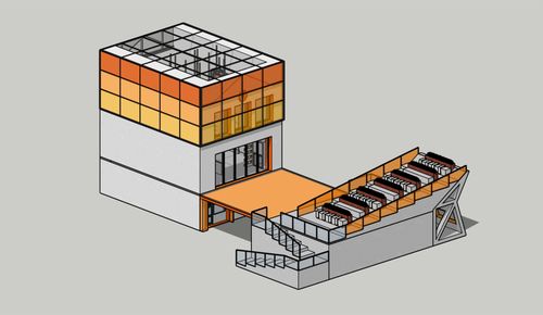 Design for a cafe with external tiered seating using orange and yellow glass