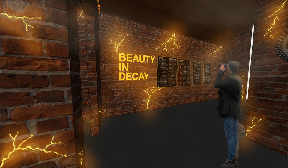 CGI mockup of red-brick room with electricity flashes and person taking a photo of yellow neon sign that read "Beauty in Decay"